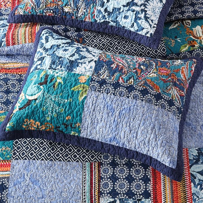 Yvooxny California King Quilt Set Reversible Lightweight Bohemian Paisley Patchwork Cotton Quilted Bedspread Coverlet Set 3-Piece Quilt Set with Pillowcases for All Seasons, 118 x 110 Inches