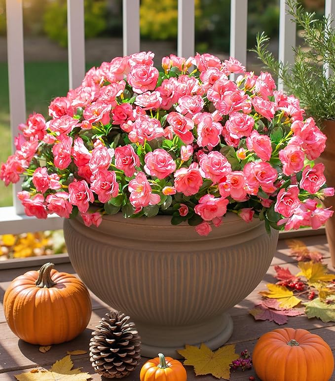 Ivydale Artificial Faux Flowers Plants for Outdoor Outside Fall Decoration, Fake Silk Pink Camellia UV Resistant Realistic for Planter Pot Porch Patio Balcony Garden Yard Home Decor, 3 Large Bundles