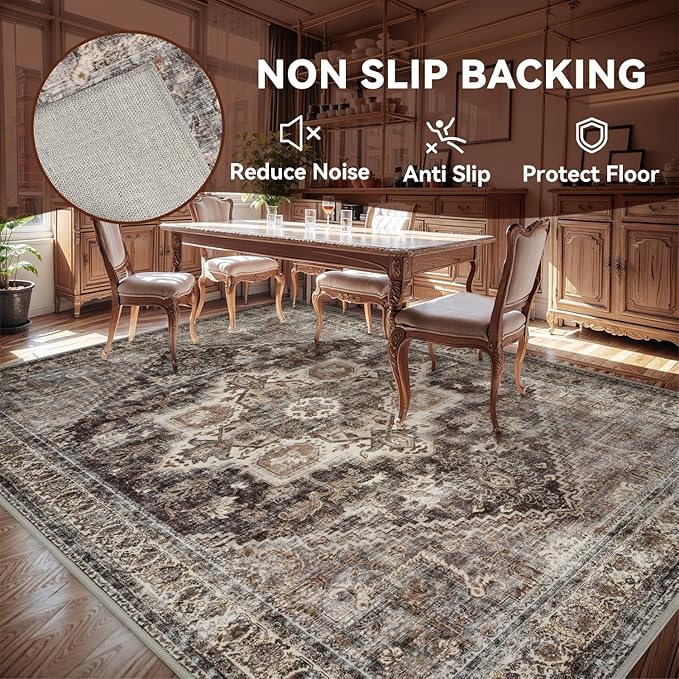 Brown Rugs for Living Room 5x7 Area Rug Soft Living Room Carpet-Rugs for Bedroom Machine Washable Vintage Oriental Floral Dining Room Rug Non Slip