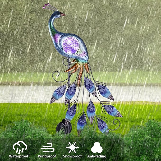 TERESA'S COLLECTIONS Solar Garden Lights Outdoor Garden Decor, Metal Peacock Decorations for Yard, 33'' Purple Decorative Garden Stake for Outside with Crackle Glass Ball, Lawn Party Gifts for Mom