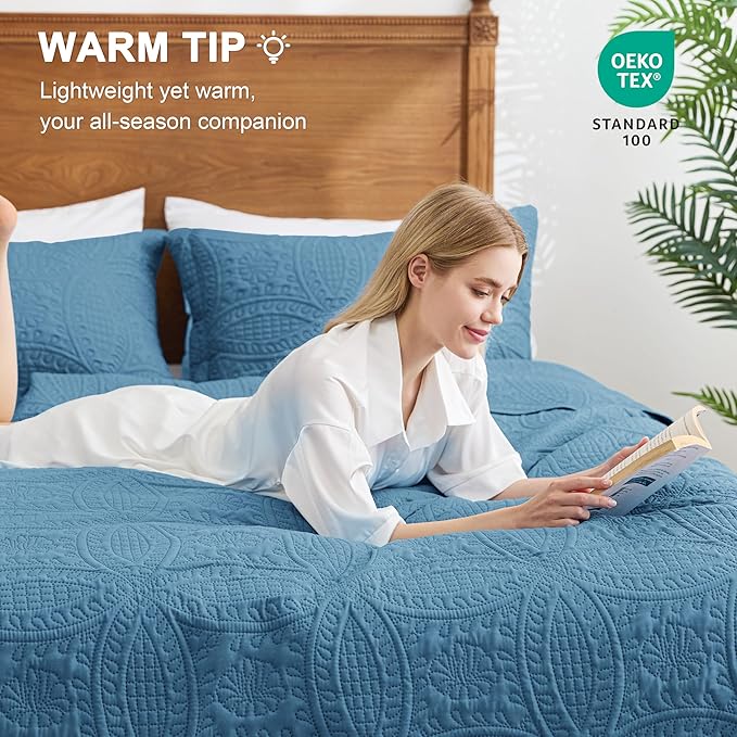 Love's cabin Quilts for Queen Bed Misty Blue Bedspreads Bedding Set - Lightweight Bedspread Comforter - Coin Pattern Bedding Coverlet for All Season - 3 Pieces (1 Quilt, 2 Pillow Shams)