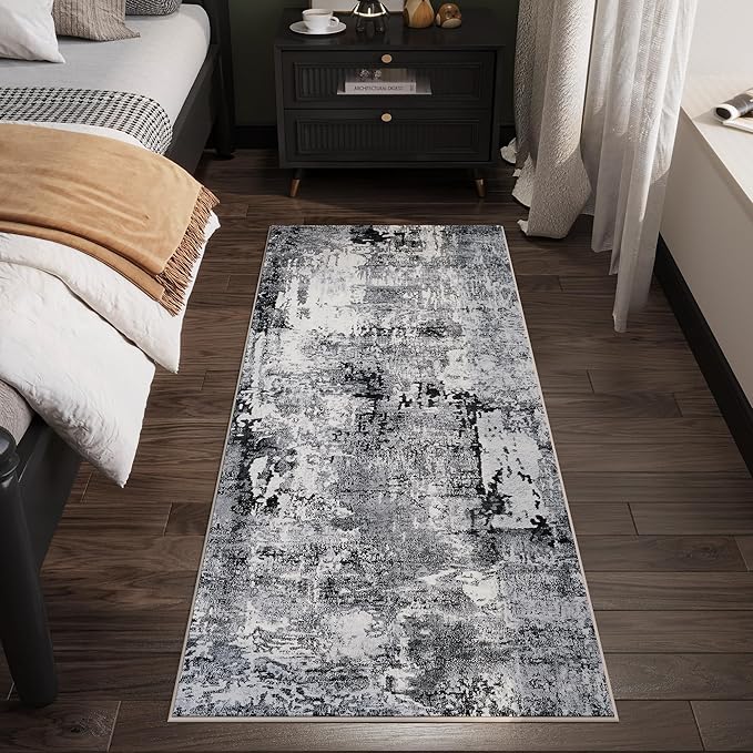 Rugcomf Runner Rug 2'6''x8' Hallway Washable Boho Soft Area Rug Abstract Pattern Non-Slip Faux Wool Vintage for Kitchen, Entryway, Laundry, Bedroom, Grey and Black