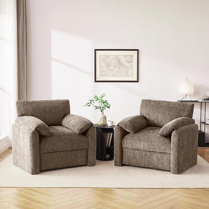 Chenille Oversized Armchair, 38.6'" Wide Accent Chairs for Living Room & Bedroom Modern Lounge Chair, Upholstered Mid-Century Reading Chair (Brwon, 2 Pack)
