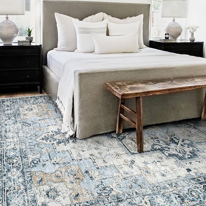 GENIMO 5x8 Area Rugs for Living Room, Machine Washable Low Pile Rugs, Chenille Non Slip Vintage Rug for Bedroom, Dining Room, Home Office, Blue