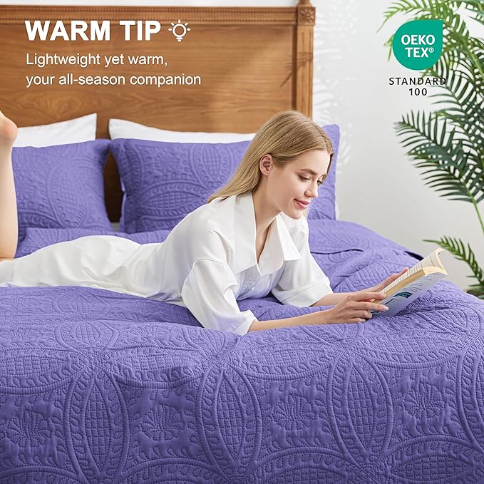 Love's cabin Quilts for Full Bed Deep Purple Bedspreads Bedding Set - Lightweight Bedspread Comforter - Coin Pattern Bedding Coverlet for All Season - 3 Pieces (1 Quilt, 2 Pillow Shams)