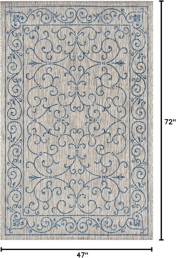 JONATHAN Y Vintage Filigree Indoor Outdoor Area Rug 4X6 Gray/Navy, Charleston Textured Weave for Backyard, Patio, Porch, Easy-Cleaning, High Traffic, Pet-Friendly, Non-Shedding (SMB106C-4)
