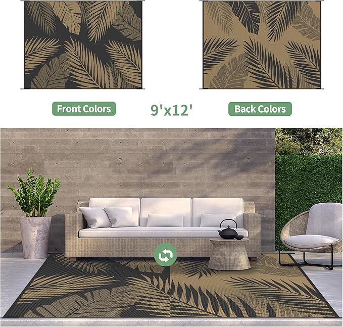 GENIMO Outdoor Rug 9' x 12' Waterproof for Patios Clearance, Reversible Outdoor Plastic Straw Camping Rug Carpet, Large Area Rugs Mats for RV, Camper, Deck, Balcony, Porch, Beach, Picnic, Black&Brown