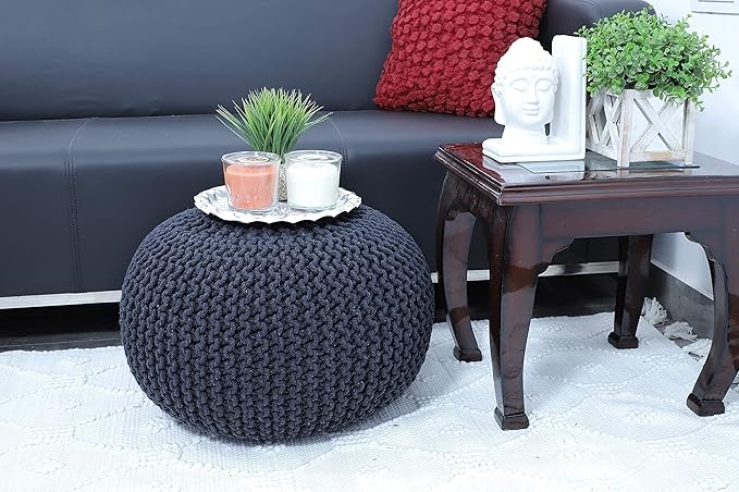FRELISH DECOR Round Pouf Ottoman Hand Knitted 100% Cotton Pouf Foot Stool - Knitted Bean Bag - Floor Chair for Living Room Bedroom - Foot Rest for Couch (20 Diameter x 14 Height) - Dark Grey