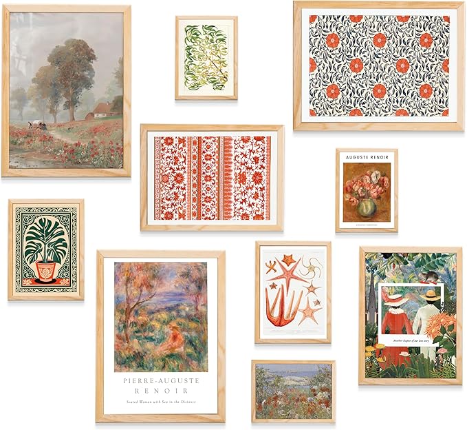 Boho Wall Decor Framed Wall Art Set for Cottage Core Decor, Aesthetic Prints for Eclectic Home Decor, Natural Oak Framed Boho Pictures Vintage Bedroom Decoration