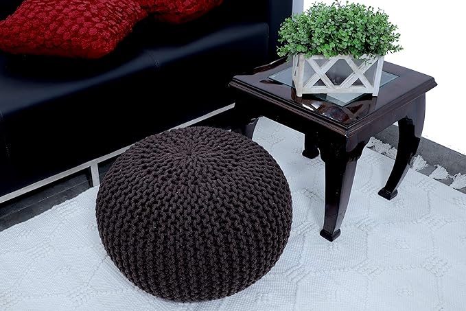 FRELISH DECOR Round Pouf Ottoman Hand Knitted 100% Cotton Pouf Foot Stool - Knitted Bean Bag - Floor Chair for Living Room Bedroom - Foot Rest for Couch (20 Diameter x 14 Height) - Brown
