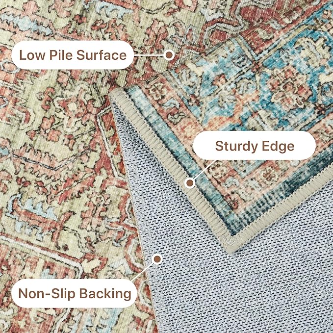 GENIMO Machine Washable 9x12 Area Rugs for Living Room, Non Slip Vintage Rugs, Low Pile Lightweight Chenille Print Rug for Bedroom, Dining Room, Home Office, Red Multi