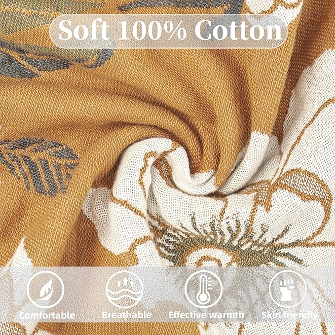 Boho Throw Blanket for Bed - 100% Pure Cotton Ultra Soft Rustic Quilt - Farmhouse Decor Bed Blankets, All Season Rustic Throw for Sofa Couch Chair(80''x 90'', Flower Branch 2)