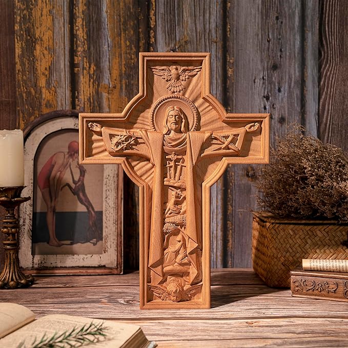 BGCOPPER Jesus Crucifix Wall Cross Handmade Wooden Cross for Wall Decor for Home Room Christmas Gift - 14 Inch