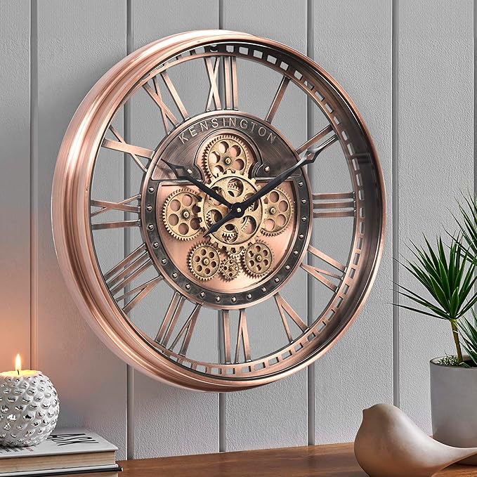 CLXEAST 21 Inch Large Roman Numeral Wall Clock with Moving Gears,Farmhouse Copper Rose Gold/Copper Metal Wall Clocks for Living Room Decor,House Warming Gifts New Home