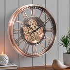 CLXEAST 21 Inch Large Roman Numeral Wall Clock with Moving Gears,Farmhouse Copper Rose Gold/Copper Metal Wall Clocks for Living Room Decor,House Warming Gifts New Home