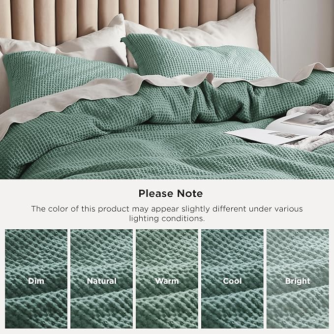 Bedsure Cotton Duvet Cover Queen - 100% Cotton Waffle Weave Green Duvet Cover Queen Size, GentleSoft™ and Breathable Bedding Set for All Season, 3 Pieces, 90"x90"