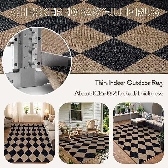 Lahome Checkered Easy Jute Outdoor Rug, 5x7 Area Rugs for Living Room Nature Large Dining Room Carpet, Farmhouse Outdoor Patio Non Slip Diamond Carpet for Home Office Bedroom Backyard Deck