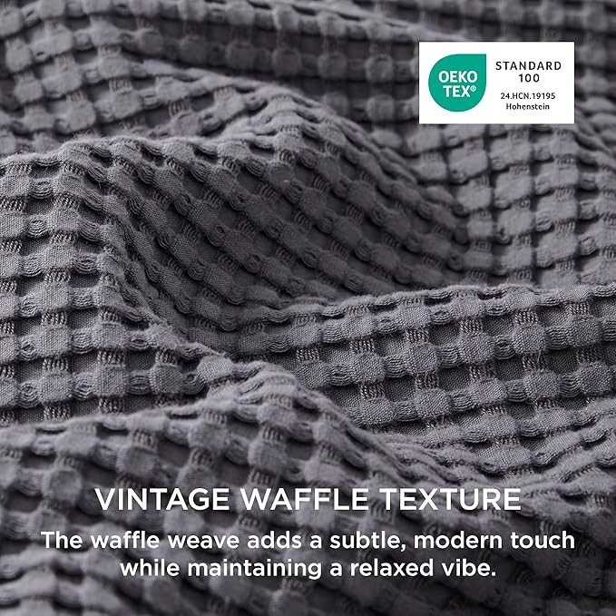 Bedsure Cooling Waffle Duvet Cover Queen - Cotton Blend Rayon Derived from Bamboo Duvet Cover Set for Hot Sleepers, Breathable Bedding Set with a Vintage Charm, 3 Pieces (Charcoal, Queen, 90"x90")