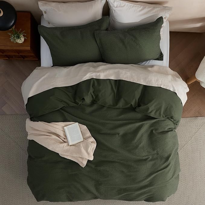 Bedsure Cotton Duvet Cover King - 100% Cotton Waffle Weave Olive Green Duvet Cover King Size, GentleSoft™ and Breathable Bedding Set for All Season, 3 Pieces, 104"x90"