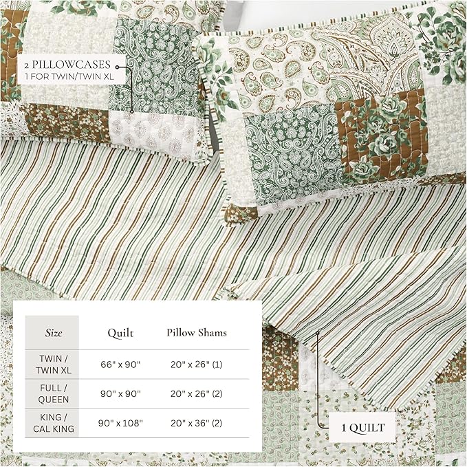 Great Bay Home 3-Piece Full/Queen Microfiber Quilt Set with Shams - Patchwork Floral Reversible Design - Lightweight, All-Season, Layerable Bedding Set (Floral Grid - Brown)
