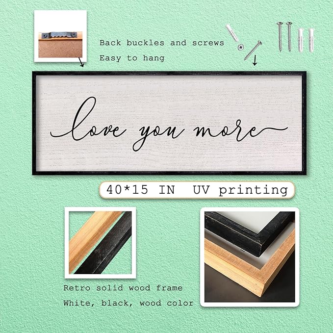 LuZhiQiang Love You More Sign Wall Decor 40"x15" for Master Bedroom Above Over Bed Large Simple Wood Framed Hanging Wall Art (Black)