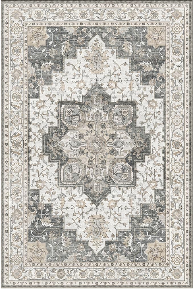 GENIMO 9x12 Area Rugs for Living Room, Non Slip Machine Washable Vintage Rugs, Low Pile Lightweight Chenille Print Large Rug for Bedroom, Dining Room, Home Office, Heathered Grey