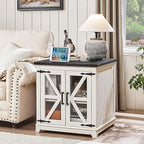 Farmhouse End Table with Charging Station Set 2, 24" Large Sofa Side Table with Glass Barn Door,White Nightstand with Adjustable Storage Shelf,Wood Square Bedside Table for Living Room,Bedroom