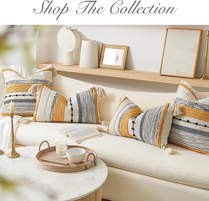 BlissBlush Fall Yellow Mustard Decorative Throw Pillow Cover 20x20 Square Boho Accent Pillowcase Tassels Farmhouse Cushion for Couch Sofa Bedroom Living Room Home Décor Cover ONLY