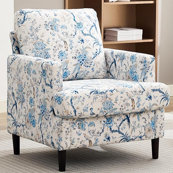 Mid-Century Accent Chair,Modern Linen Fabric Armchair for Living Room,Comfy Upholstered Reading Accent Chairs for Bedroom,Single Sofa Chair with Wood Legs (Blue Flowered Bird, 1 Pack)