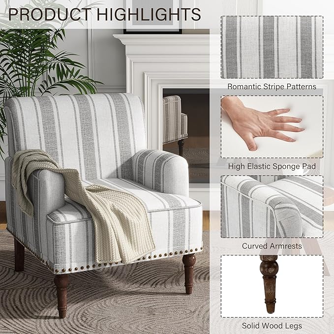 UIXE Stripe Accent Chairs Set of 2, Living Room Arm Chair Modern Nailhead Trim Club Armchair, Comfy Upholstered Sofa Lounge Seat Reading Seat Bedroom Side Seating for Home Office, Gray