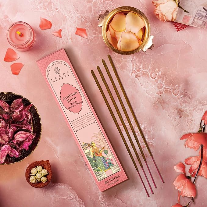 Incense Sticks, Rose Arabic Incense, Made with Natural Ingredients, Hand Rolled Aromatic Masala, 40 Stick Pack, 45-60 Minute Burn Time, Best for Home Fragrance, Meditation, Yoga, Spiritual Healing
