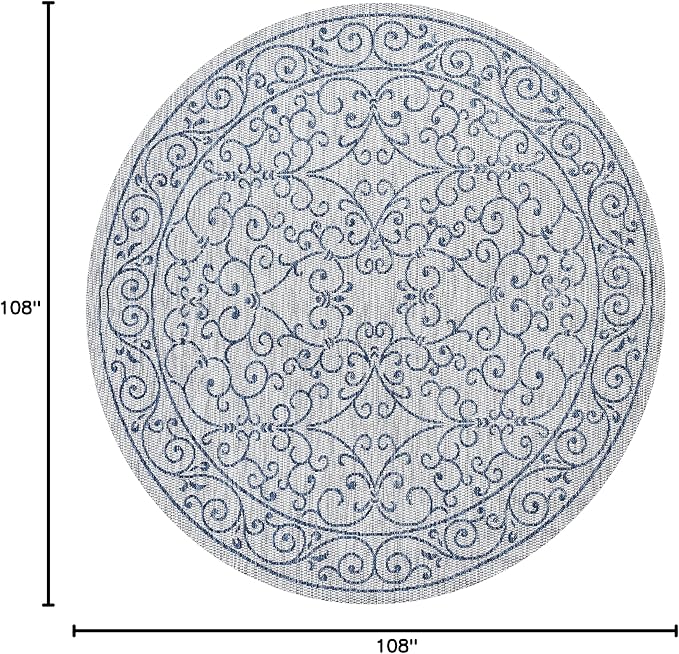 JONATHAN Y Vintage Filigree Indoor Outdoor Round Area Rug 9 Ft Gray/Navy, Charleston Textured Weave for Backyard, Patio, Porch, Easy-Cleaning, High Traffic, Pet-Friendly, Non-Shedding (SMB106C-9R)