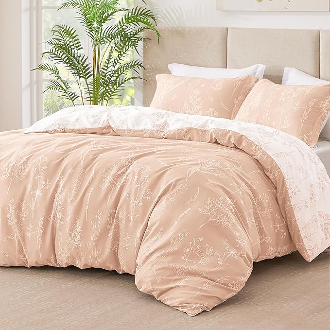 Love's cabin Dusty Rose Pink Queen Comforter Set - Queen Size Comforter Set, 3 Pieces Cute Floral Bedding Sets for All Seasons,1 Soft Reversible Botanical Flowers Comforter and 2 Pillow Shams
