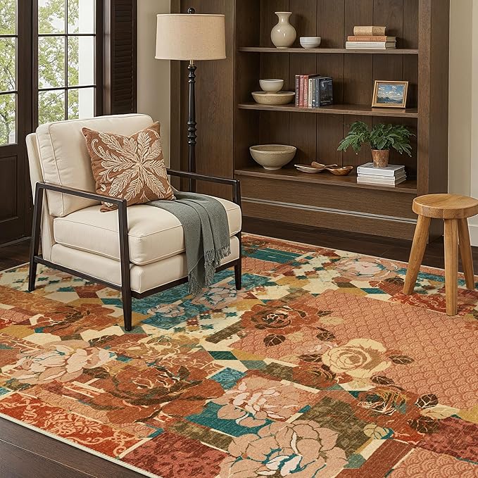 GENIMO 5X7 Floral Area Rugs for Living Room, Machine Washable Non Slip Vintage Patchwork Washable Rug, Ultra-Thin Low Pile Chenille Rugs for Bedroom, Dining Room, Rose Red