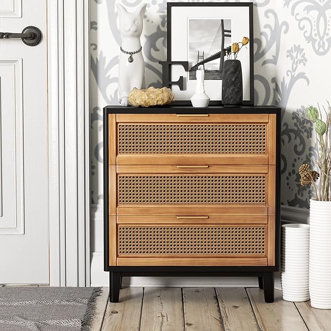COZAYH Farmhouse 3-Drawer Nightstand, Woven Cane Front Accent Dresser with Brass Pull, Fully-Assembled, Black