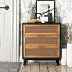 COZAYH Farmhouse 3-Drawer Nightstand, Woven Cane Front Accent Dresser with Brass Pull, Fully-Assembled, Black