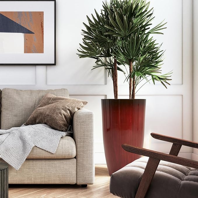 Worth Garden 23.5" H. Large Plastic Planters - Set of 2 Gradient Red Glossy Smooth Finish - Tall Plant Pots for Indoor & Outdoor Use - Decorative Lightweight Flower Pots for Front Porch, Patio, Deck