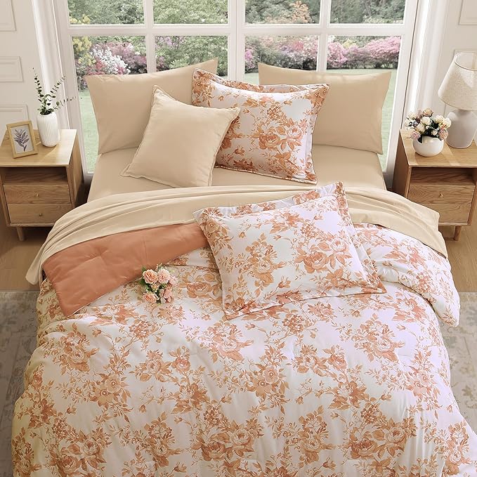 King Comforter Set -7 Pieces Autumn Leaf Floral Comforter Set for All Seasons, Bed in a Bag King with Botanical Flowers Comforter, Sheets, Pillowcases & Shams