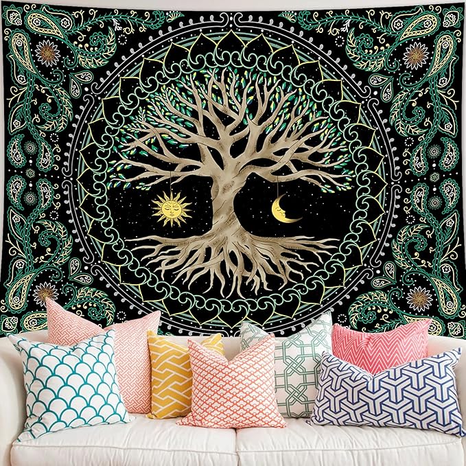 FORATER Tree of Life Wall Hanging - Aesthetic Sun and Moon Tapestry with Vintage Paisley Flowers (53 x 61 inches, Multicolor) for Bedroom, Living Room, Dorm