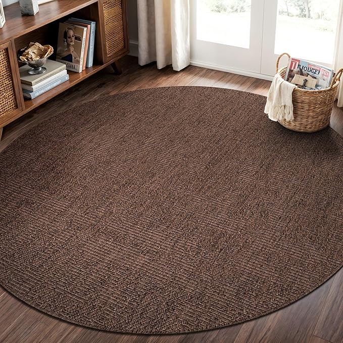 CAMILSON Easy Jute Round Rug 6ft Indoor Outdoor Brown Color Fiber Area Rugs for Living Room Patio and Kitchen Rug, Solid Boho Woven Design Easy-Cleaning, Washable Outside Carpet Alfombras (6 Round)