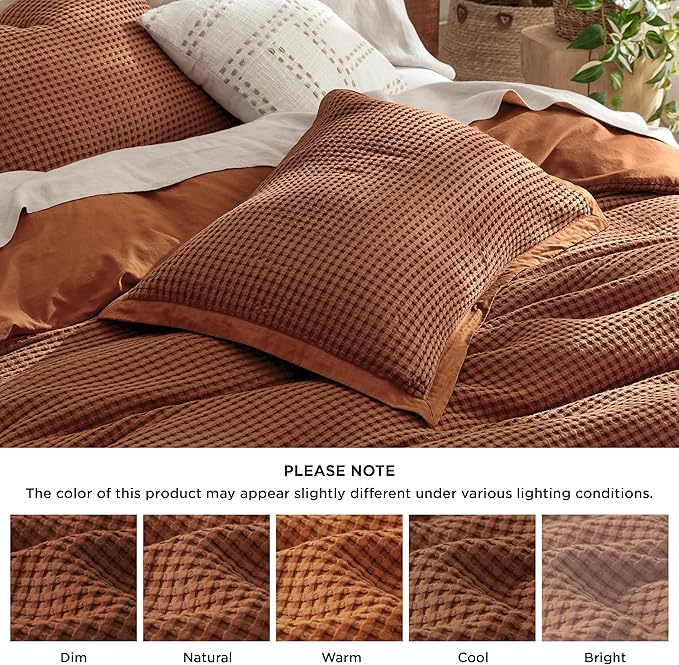 Bedsure Cooling Waffle Duvet Cover Queen - Cotton Blend Rayon Derived from Bamboo Duvet Cover Set for Hot Sleepers, Breathable Bedding Set With a Vintage Charm, 3 Pieces (Burnt Orange, Queen, 90"x90")