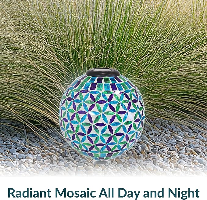 Sunnydaze Cool Blooms 10" Mosaic Glass Garden Gazing Globe with LED Solar Light - Set of 2