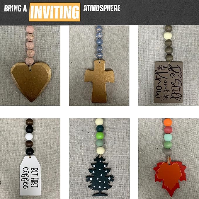 40" Handmade Farmhouse Bead Garland Wood with Tassel, Boho Chic Decorative String Beads Home Decor, Table Tiered Tray Country Wooden Accents (Mocha Mornings: But First, Coffee, 0.63" Diameter)