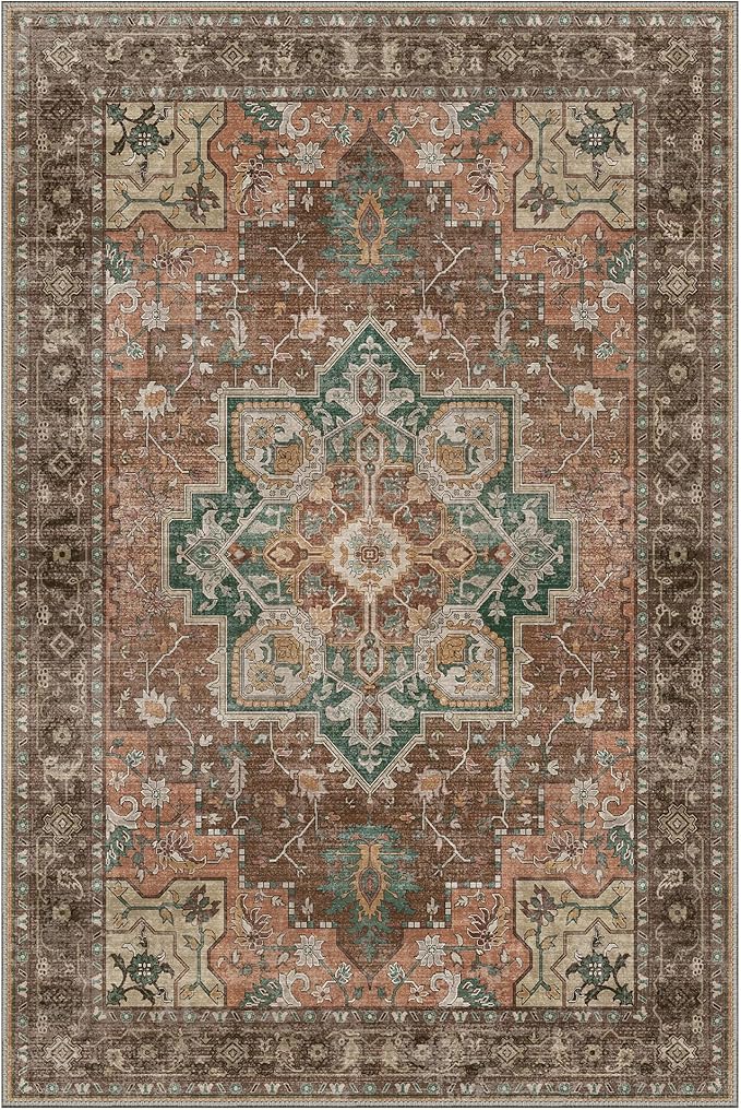 GENIMO 5x7 Area Rugs for Living Room, Machine Washable Non Slip Vintage Rugs, Low Pile Lightweight Chenille Print Rug for Bedroom, Dining Room, Home Office, Rosewood