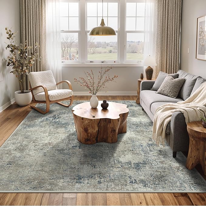 Area Rugs 10x12 for Living Room Bedroom, Modern Abstract Machine Washable Rug, Large Soft Low Pile Floor Carpet with Non Slip Backing for Dining Room, Light Gray Blue