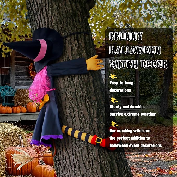 POPGIFTU 51" Halloween Crashing Witch Decoration – Pink Flying Witch for Tree, Yard, Porch, and Indoor Outdoor Halloween Décor