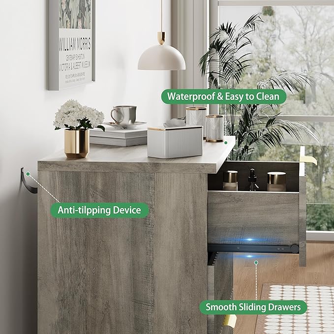 Fluted Nightstand, 24" Wide Side Table with 3 Large Storage Drawers, Mid Century Modern Wood Night Stand with Metal Handle, Wooden Bedside End Table for Bedroom, Living Room, Closet, Grey