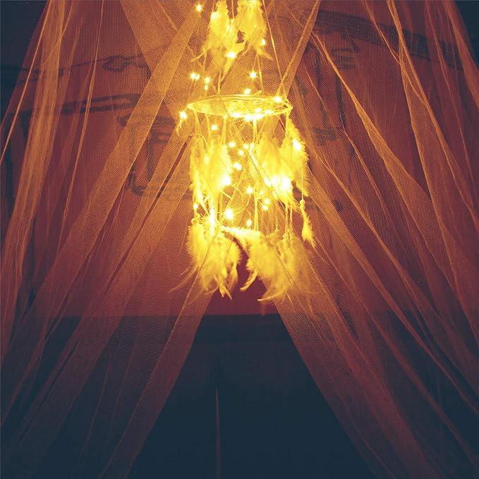 Bed Canopy with Double Circle White Feather Dream Catcher and 50 LED Fairy String Lights, Mosquito Net - Unique Style Dome Bed Netting Canopy Curtains Canopy - Suggested for Twin Full Queen King Bed