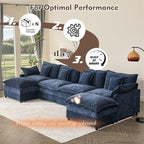 142.5" U Shaped Couch, Modular Sectional Sofa, 3-Seater Comfy Cloud Couch with Movable Ottoman, Deep Seat Couches for Living Room, Chenille, Navy