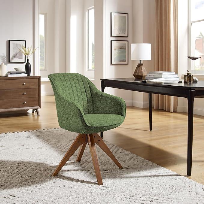 Art Leon Office Chair No Wheels - Mid Century Modern Desk Chair, Swivel Accent Chair with Oak Wood Legs, Fabric Upholstered Arm Chair, Green